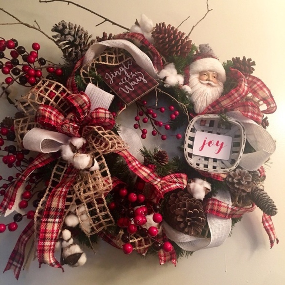 New Floral Rustic Designer Farmhouse Plaid Pinecone Christmas Door Wall Wreath